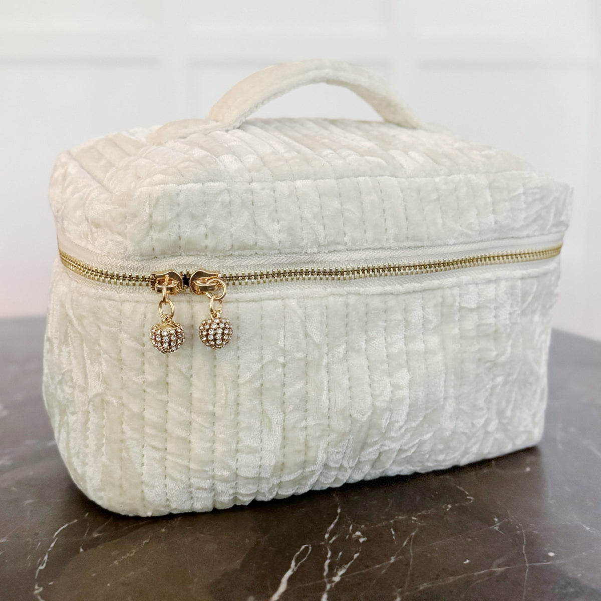 Quilted Velvet Vanity Case – Vintage Cosmetic Bag with Jeweled Zipper
